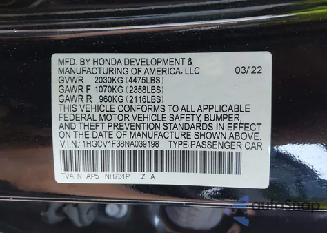 2022 Honda Accord Sport z USA, uszkodzony, nr VIN 1HGCV1F38NA039198